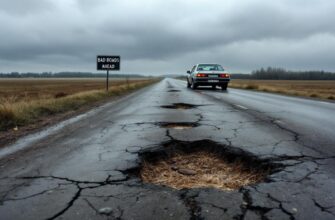 A depiction of poor roads in rural Russia with potholes and a struggling car.