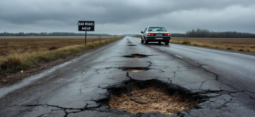 A depiction of poor roads in rural Russia with potholes and a struggling car.