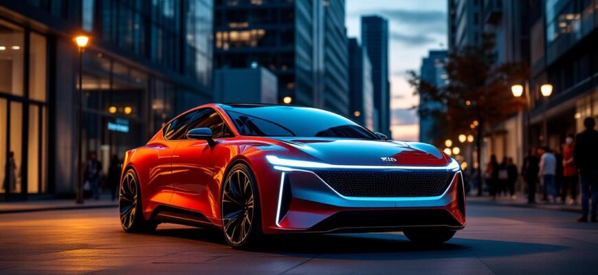 A futuristic 2026 Kia Morning parked in a vibrant city setting at twilight.